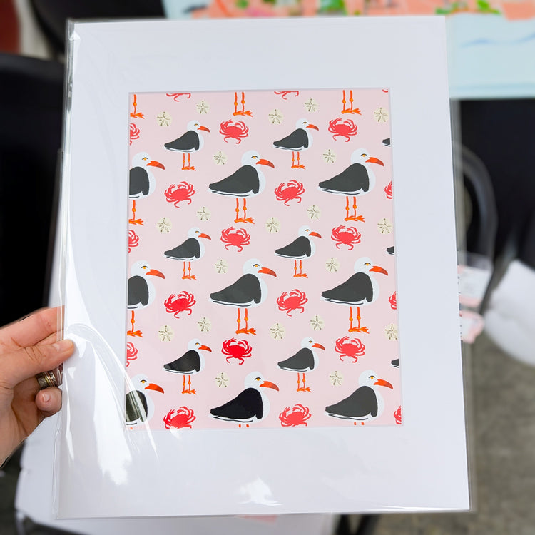 Seagull and Crab Vancouver Island art print, matted and ready to frame