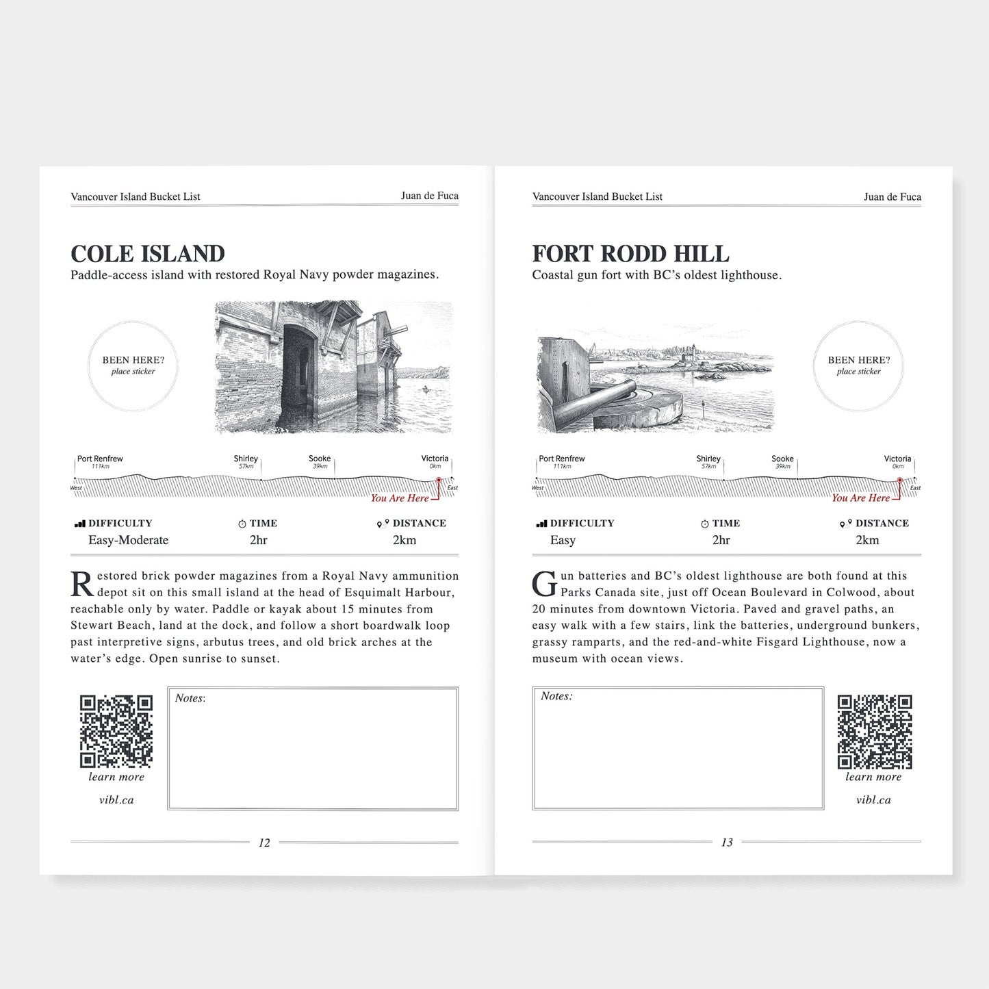 Two printed travel-style poster cards side by side on a white background. The left card is titled 'COLE ISLAND' and the right card is titled 'FORT RODD HILL', each with a small black-and-white photograph, route-style diagrams, difficulty/time/distance fields, a QR code, and a small 'see also' link.