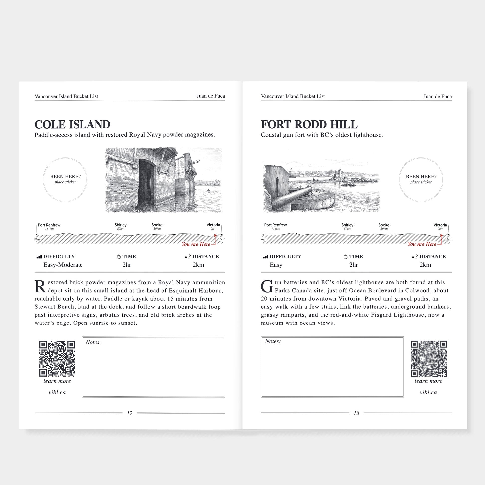 Two printed travel-style poster cards side by side on a white background. The left card is titled 'COLE ISLAND' and the right card is titled 'FORT RODD HILL', each with a small black-and-white photograph, route-style diagrams, difficulty/time/distance fields, a QR code, and a small 'see also' link.