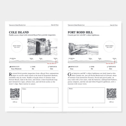 Two printed travel-style poster cards side by side on a white background. The left card is titled 'COLE ISLAND' and the right card is titled 'FORT RODD HILL', each with a small black-and-white photograph, route-style diagrams, difficulty/time/distance fields, a QR code, and a small 'see also' link.