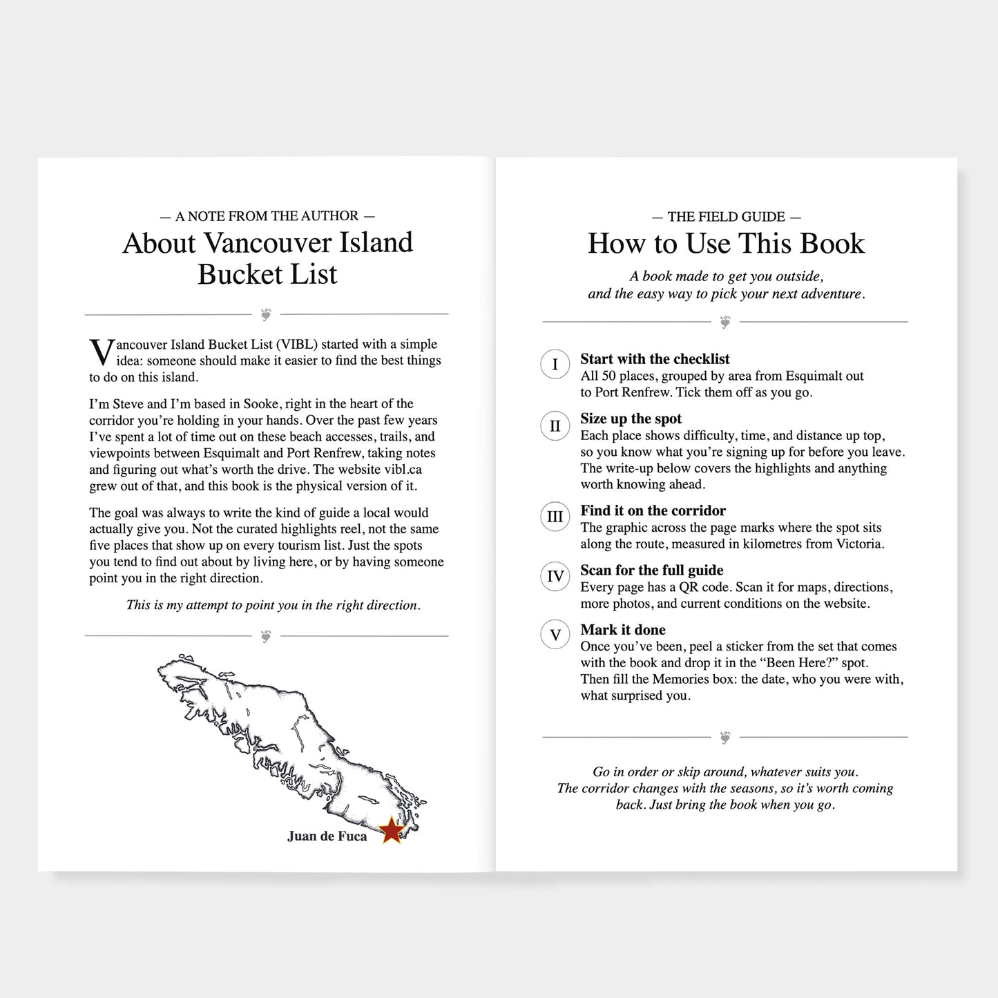 A two-page spread of a printed guidebook titled 'The Field Guide - How to Use This Book' with a map of Vancouver Island Bucket List places on the left page and usage instructions on the right page, photographed on a white background.