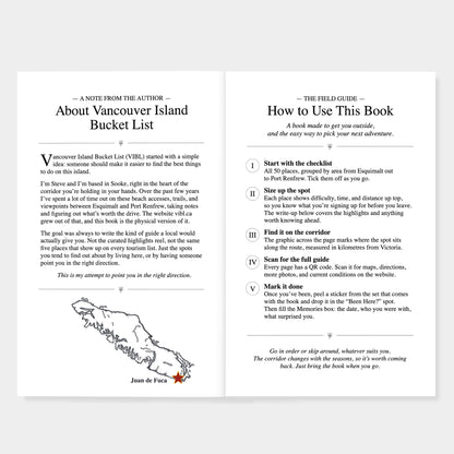 A two-page spread of a printed guidebook titled 'The Field Guide - How to Use This Book' with a map of Vancouver Island Bucket List places on the left page and usage instructions on the right page, photographed on a white background.