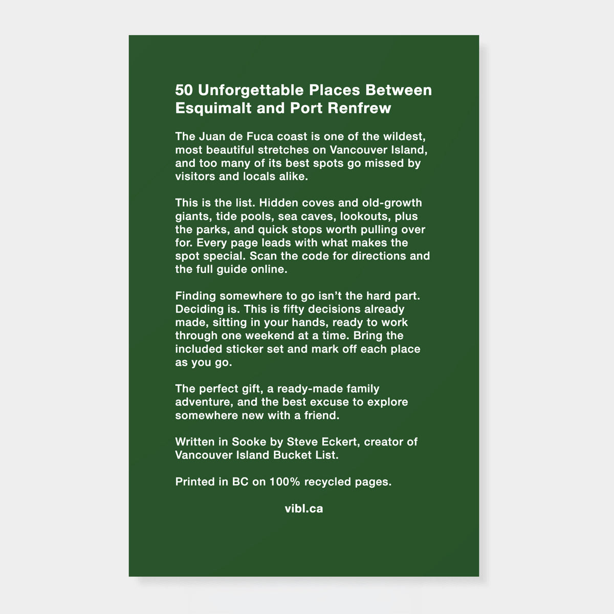 A vertical dark green rectangular card with white text reading '50 Unforgettable Places Between Esquimalt and Port Renfrew' and a short travel list, shown on a light gray background.