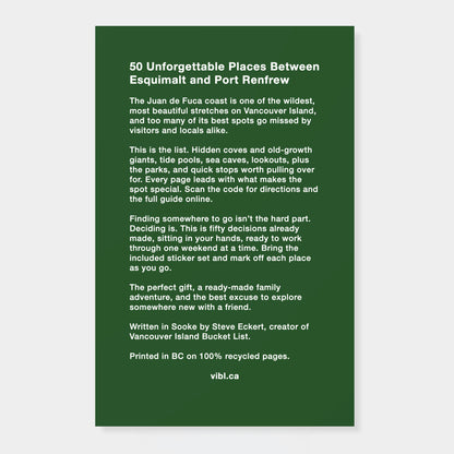 A vertical dark green rectangular card with white text reading '50 Unforgettable Places Between Esquimalt and Port Renfrew' and a short travel list, shown on a light gray background.