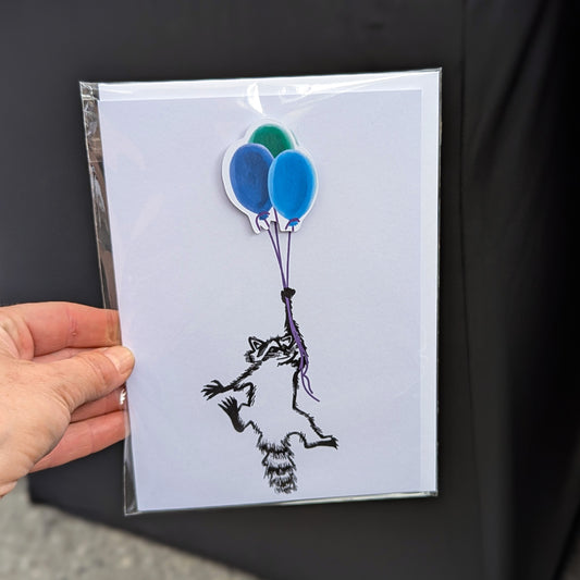 Raccoon Holding Balloons - Card