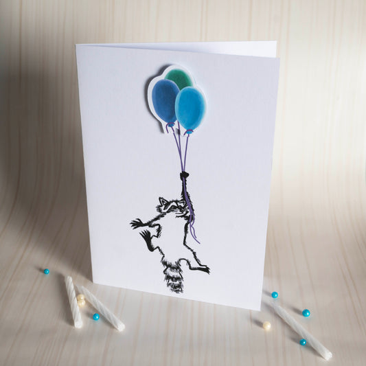 Raccoon Holding Balloons - Card